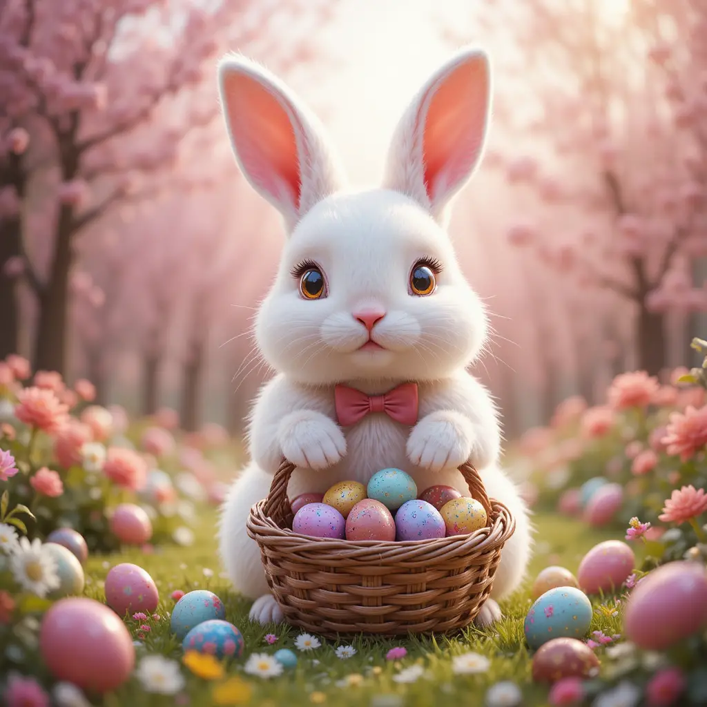 Adorable lapin de Pâques tenant un panier d’œufs en chocolat