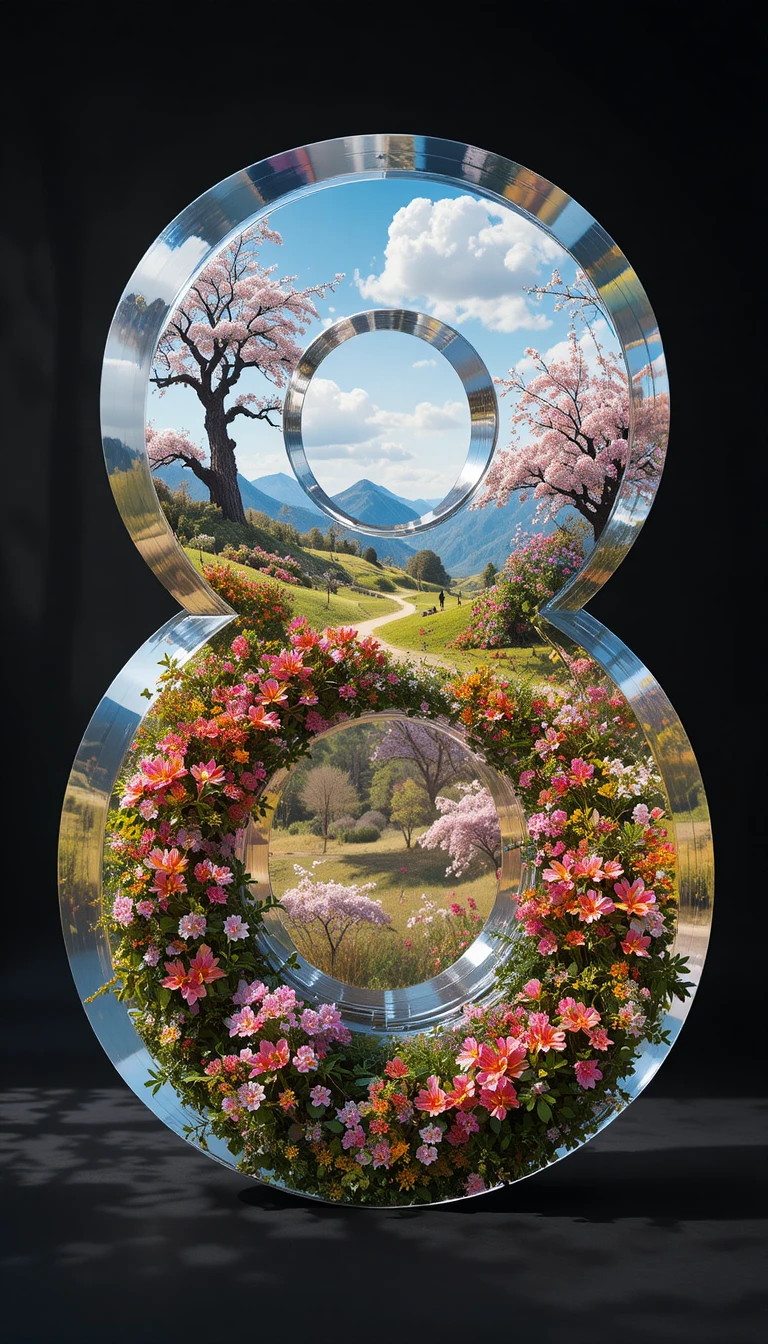 Paisagem de primavera em um número oito transparente com flores