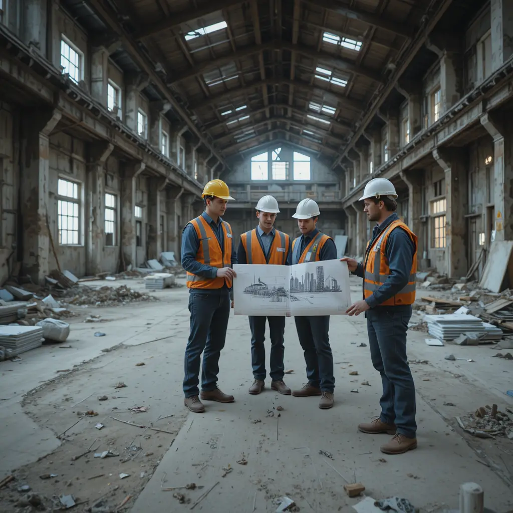 Squadra di costruzione che esamina i progetti in una fabbrica abbandonata