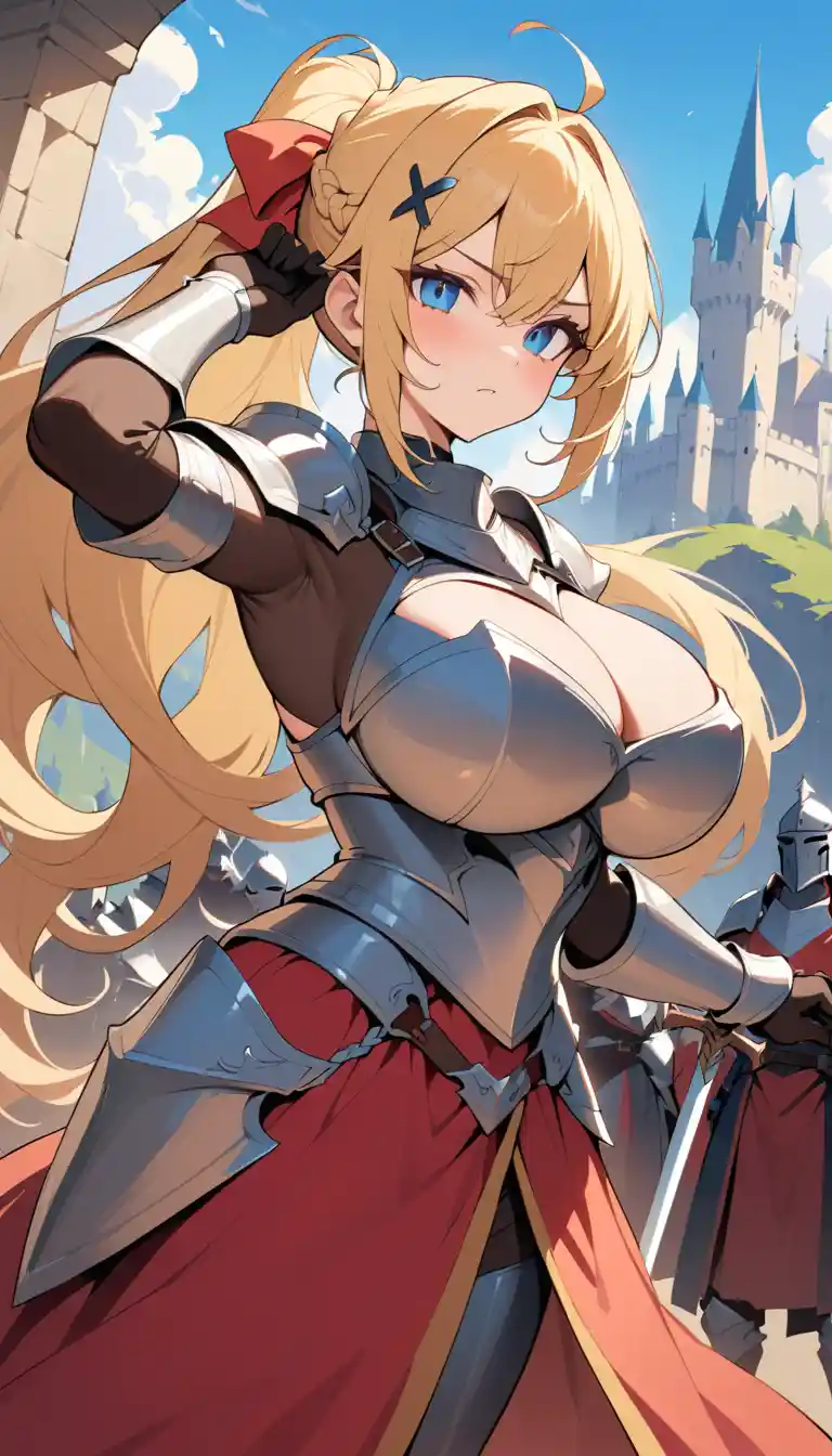 Blonde armored knight guarding a majestic medieval castle