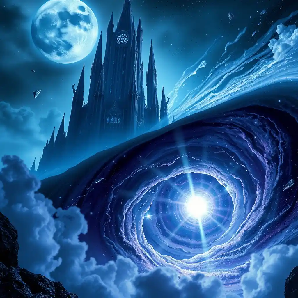 Colossal Crystal Fantasy Castle Above Swirling Galaxy Vortex