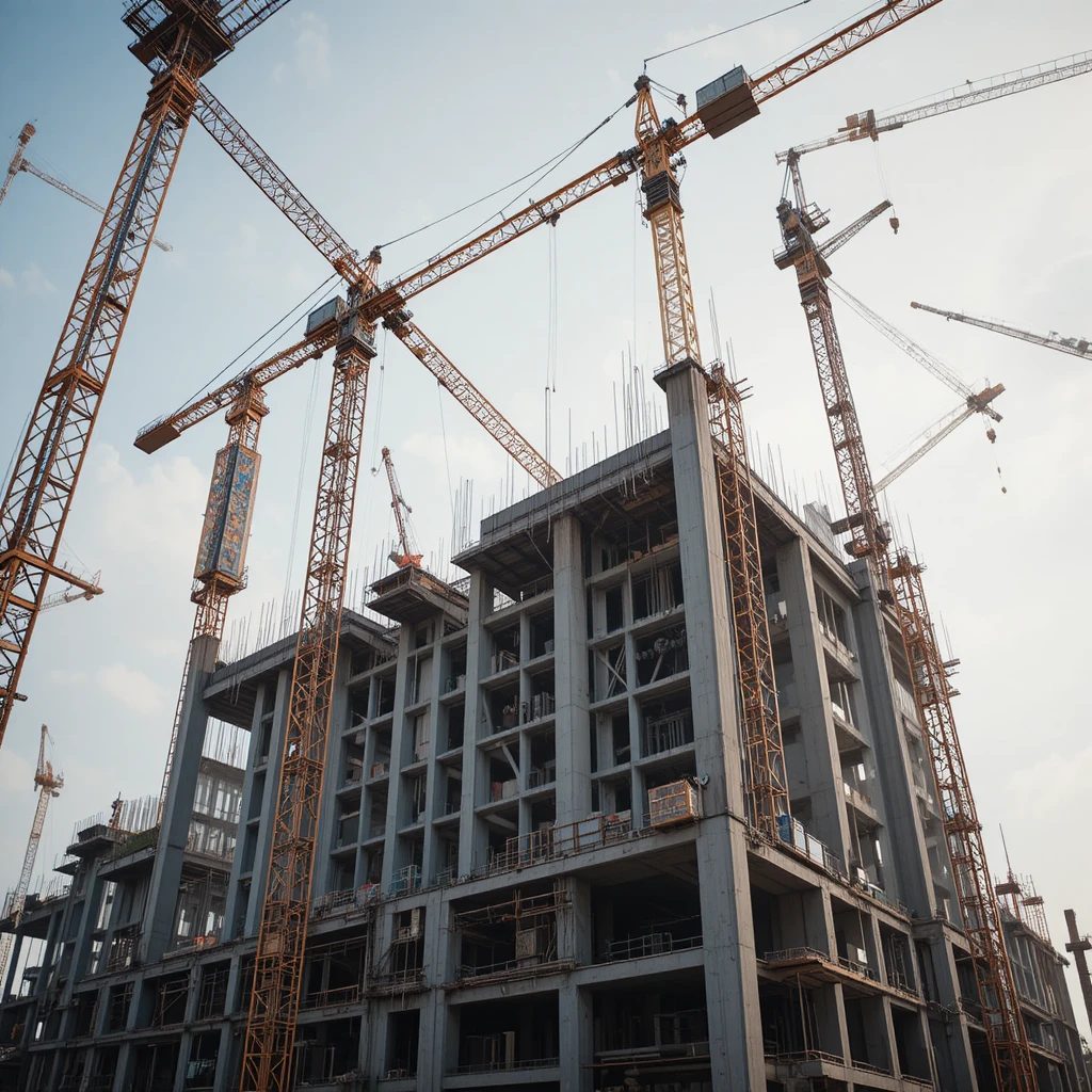 起重機將鋼梁吊升至正在興建中的商業大樓鋼構