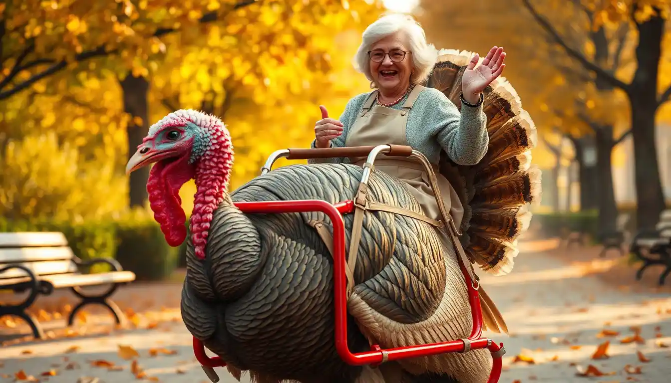 Oma reitet auf einem Truthahn durch einen sonnigen Herbstpark