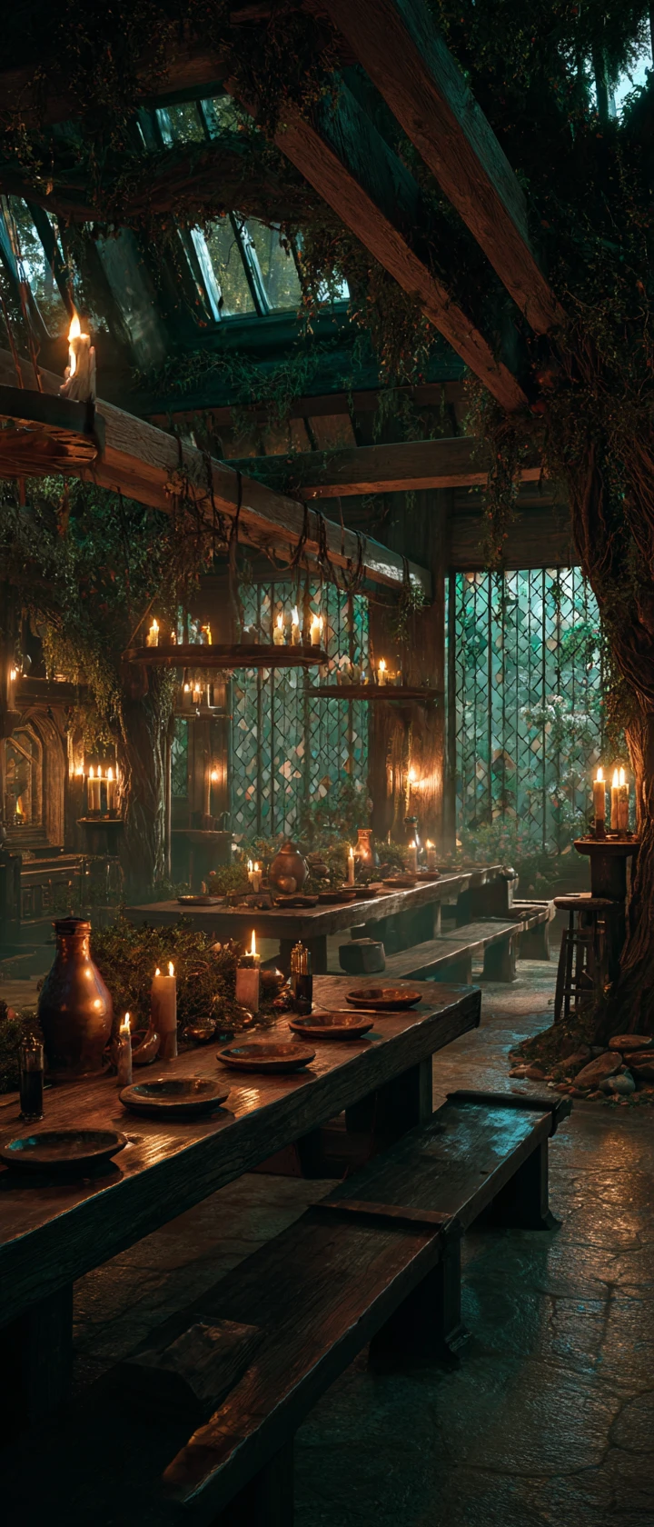 Festin de taverne en forêt enchantée, illuminé de bougies et de brume