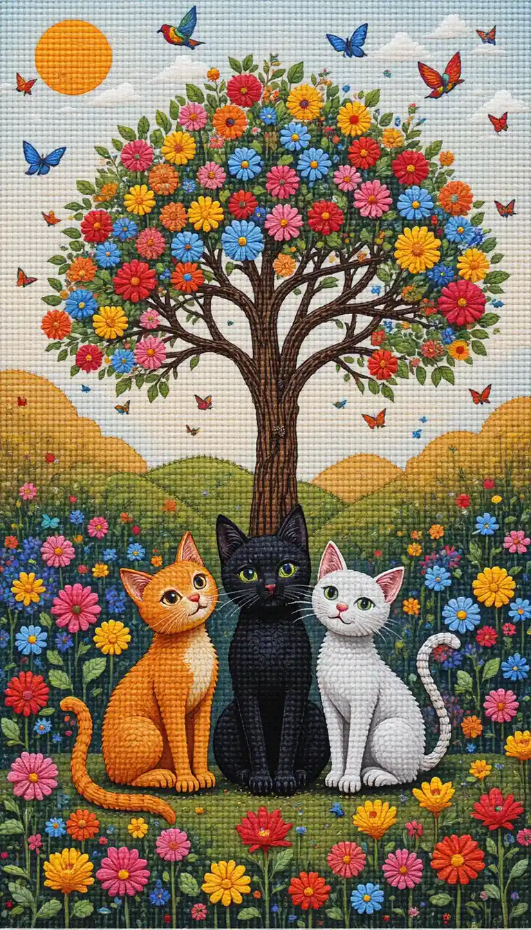 Drei bunte Cartoon-Katzen in einem hellen Blumengarten