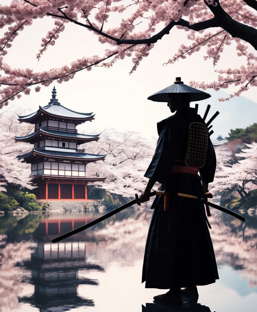 Geisha e samurai em silhueta com cerejeiras em flor