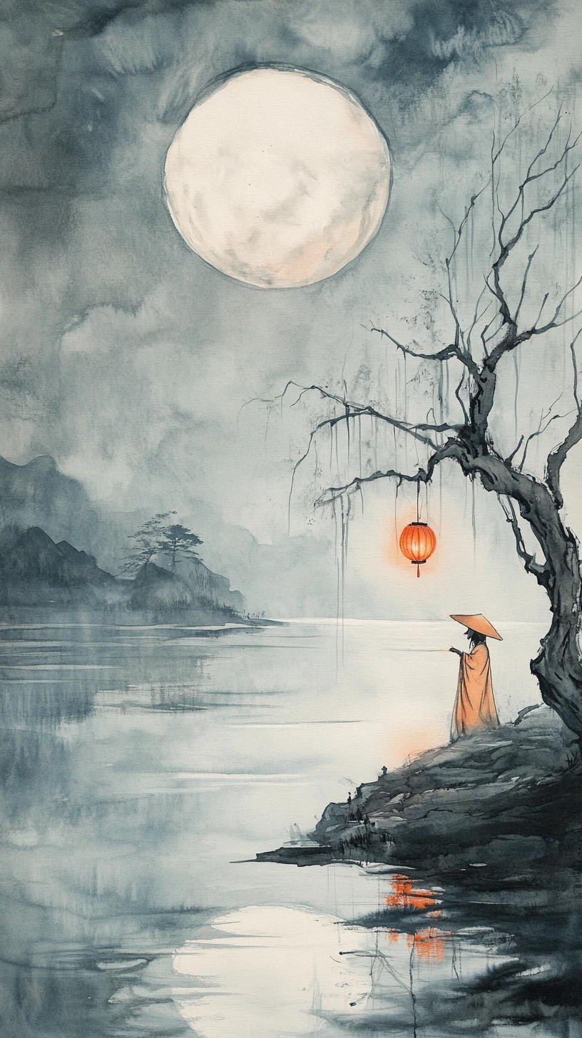 Moonlit lakeshore traveler with lantern by still water