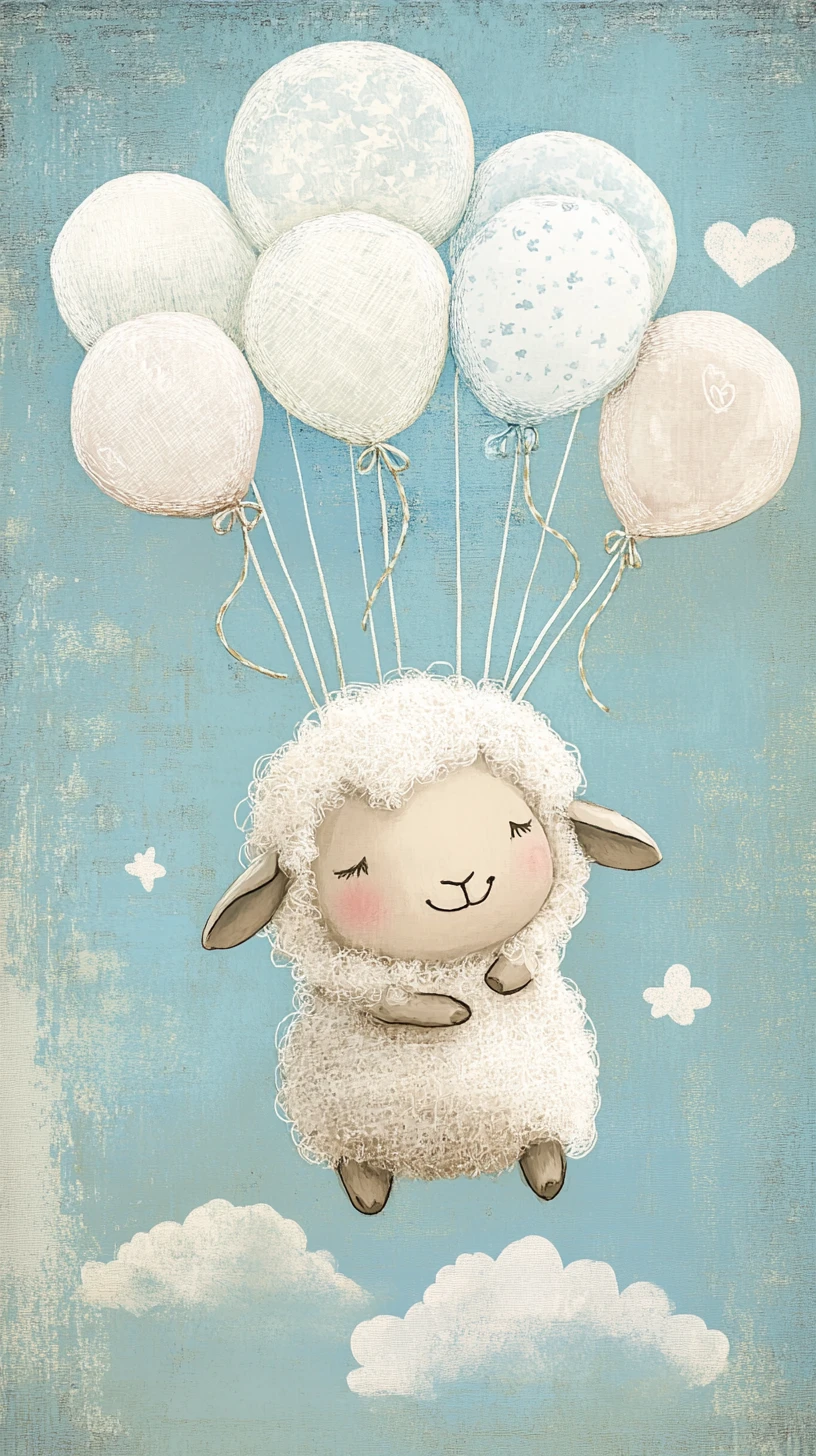 Textil-Collage eines Schafs mit Ballons auf blauem Papier