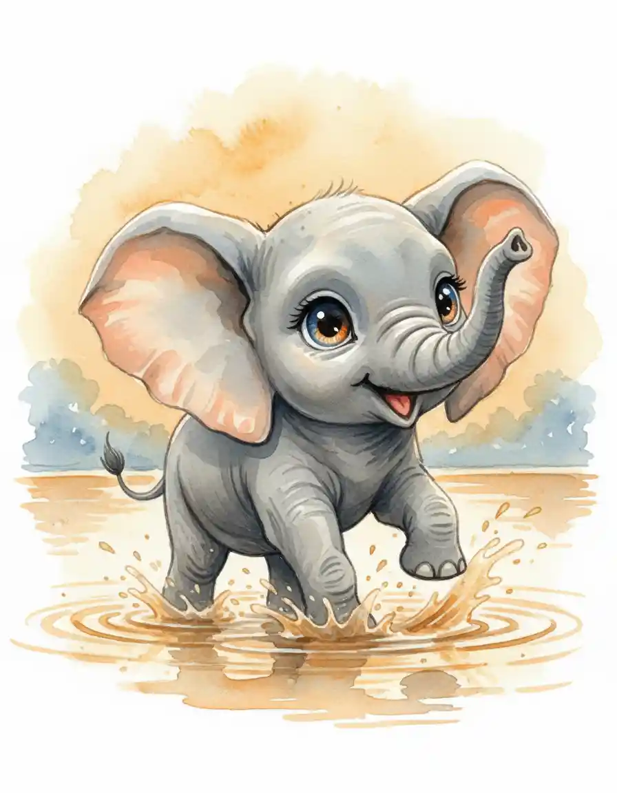 Bébé Élèphant Éclaboussant dans une Eau Dorée au Coucher de Soleil – Scène Aquarelle