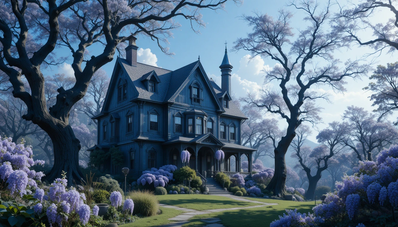 Casa azul mística sob glicínias em uma floresta ancestral