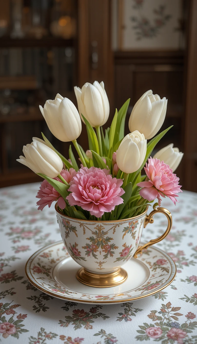 Sobremesa de latte com tulipas brancas e cravos-rosa