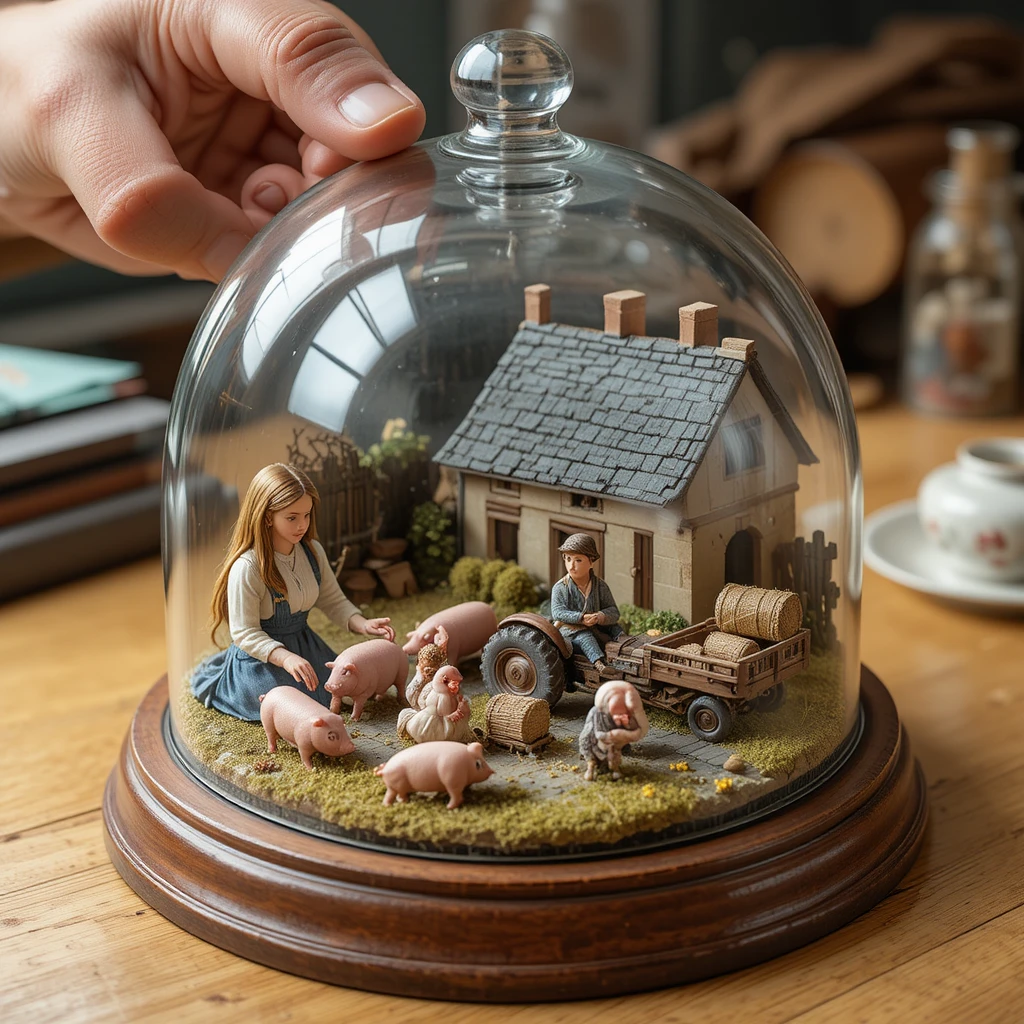 Escena de Granja Bretona en Miniatura Sobre un Escritorio de Madera