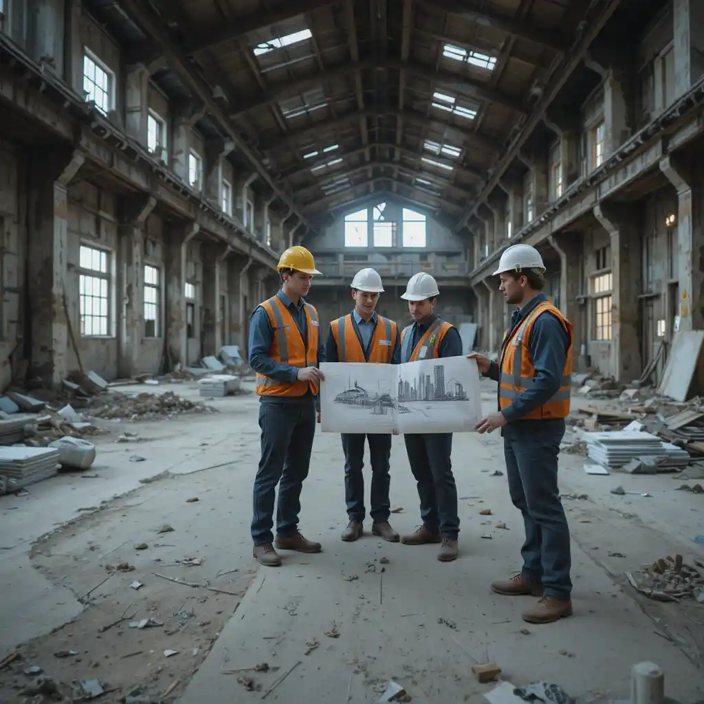 Équipe de construction examinant des plans dans l’intérieur d’une usine abandonnée