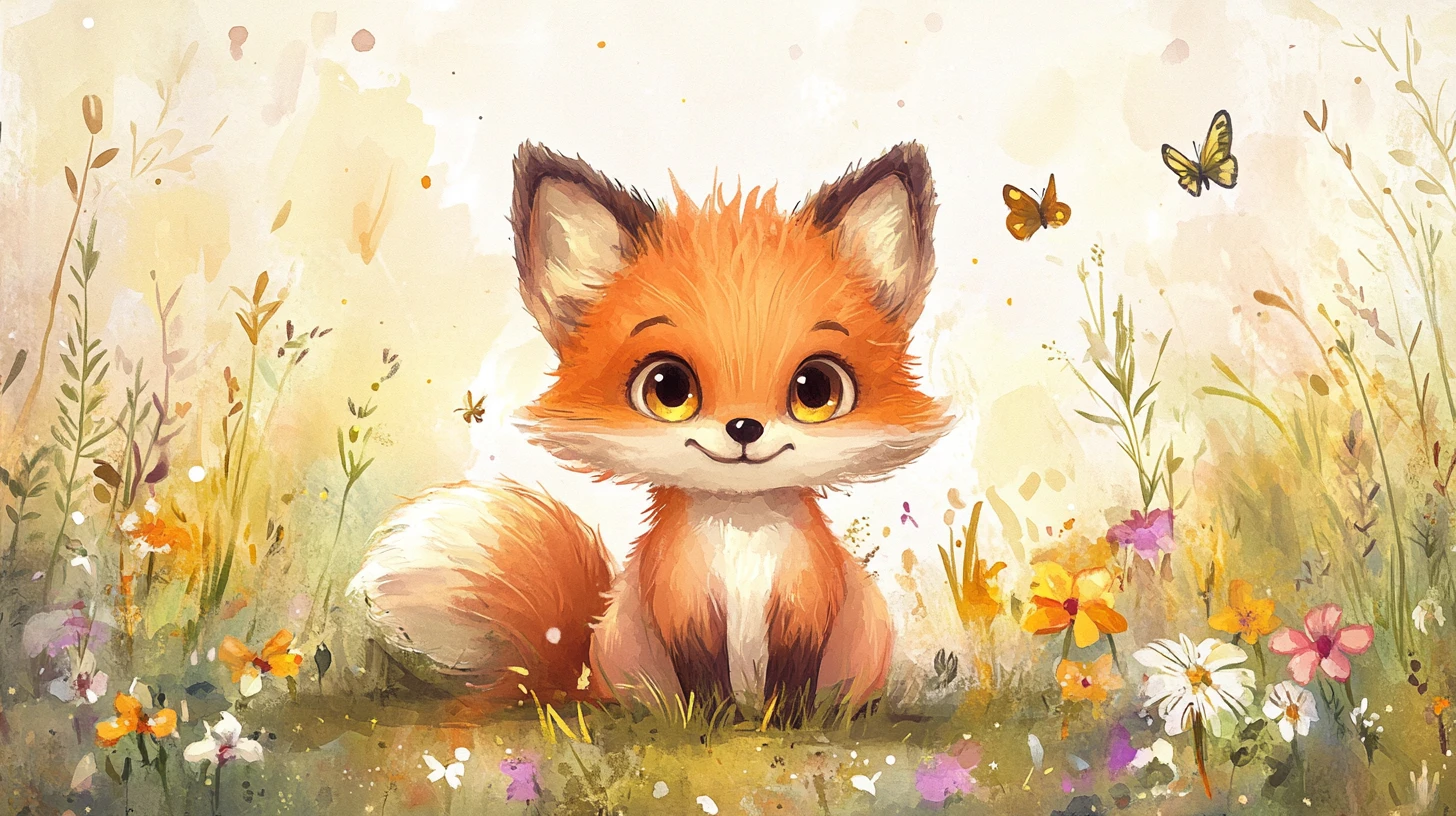 Süße Babyfuchs-Illustration in einer sonnigen Blumenwiese
