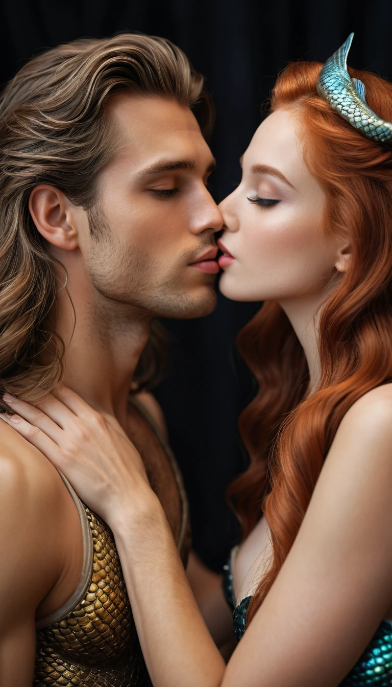 Young man kissing a beautiful mermaid in intimate pose