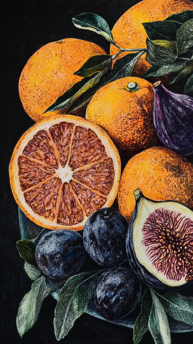 Colorful still life of oranges figs and olives in bold shadows