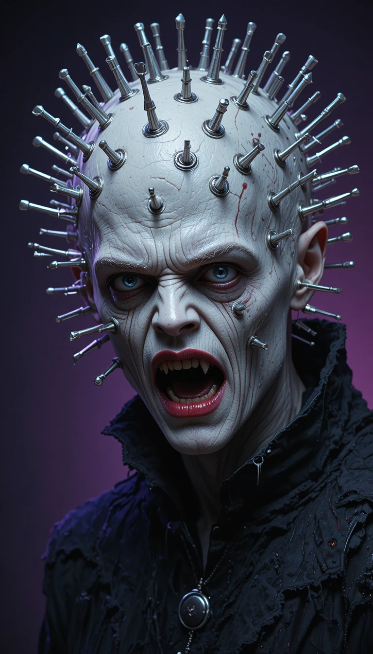 Scary pale monster with pins in head on Halloween night