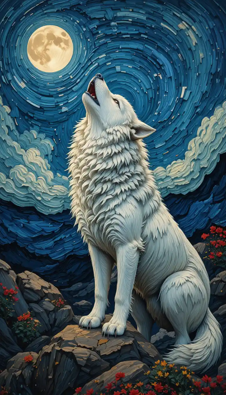 Lobo branco uivando sob um céu noturno iluminado pela lua em espirais