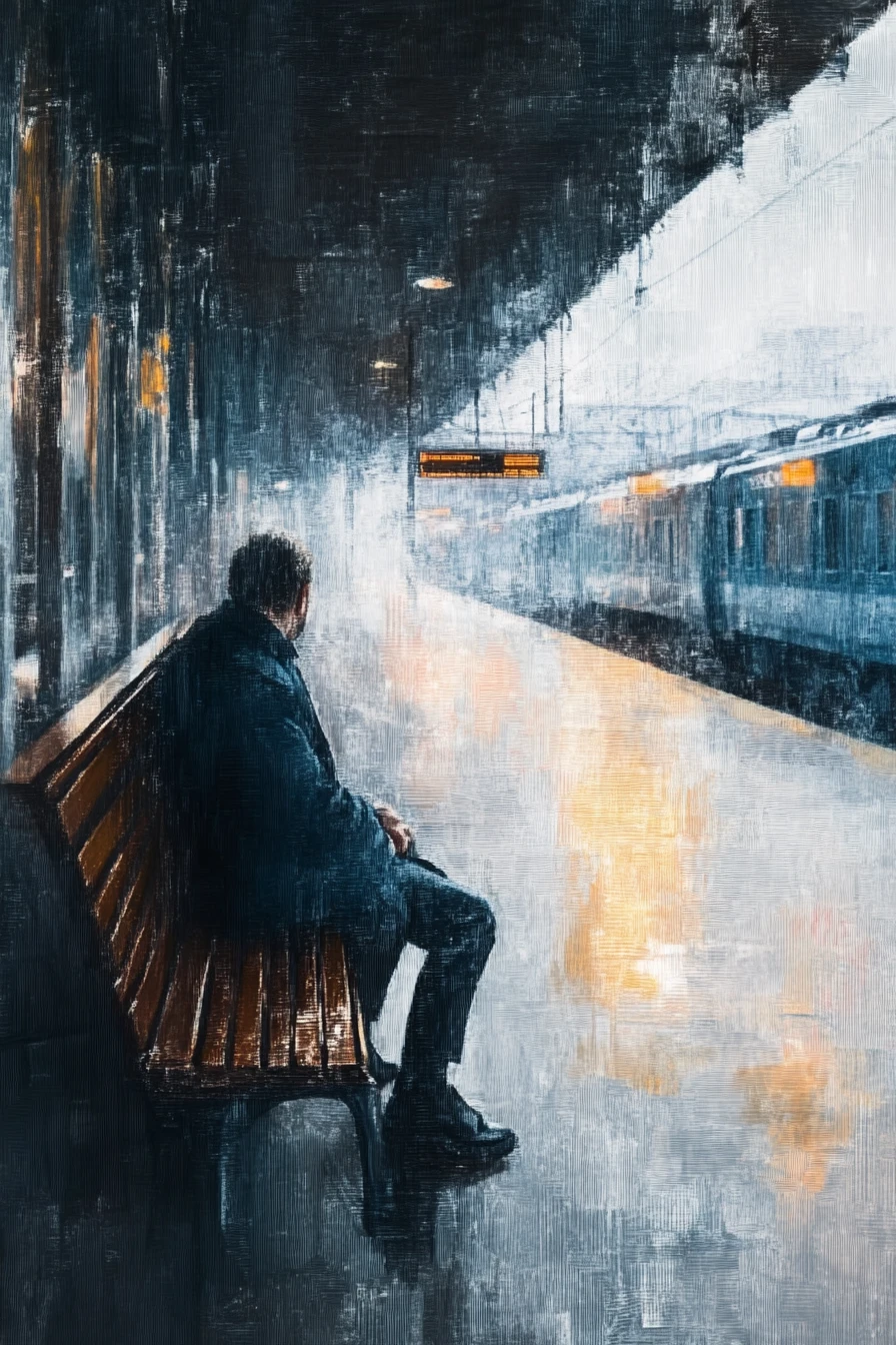 Idoso Esperando em Estação Urbana de Trem no Inverno