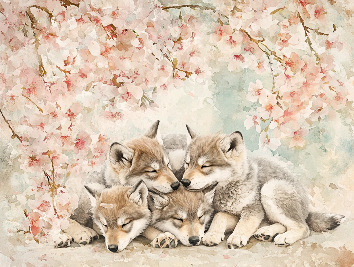 Filhotes de lobo em aquarela abraçados sob uma cerejeira em flor