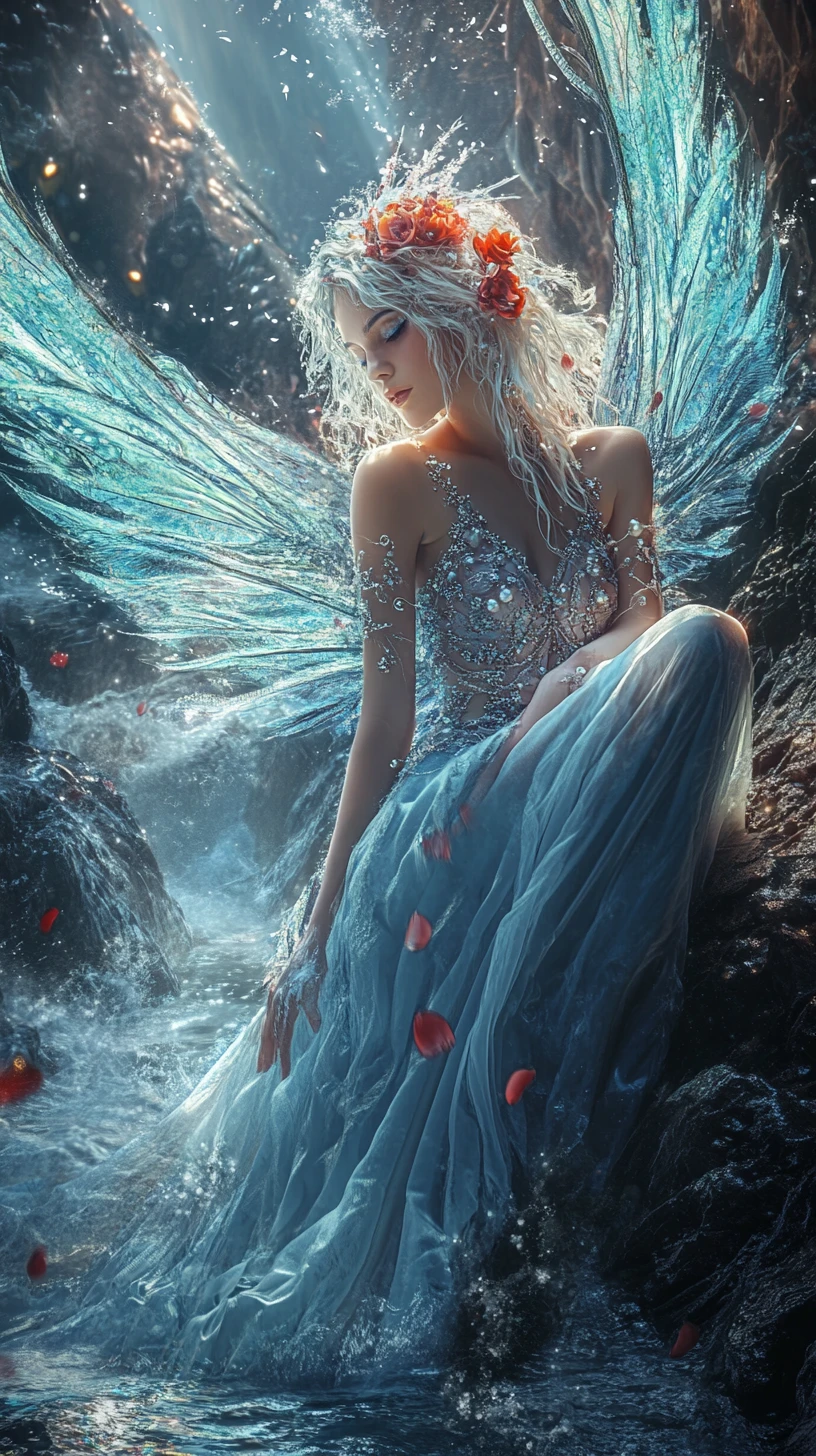 Angel reclining on a rocky shore in glowing sunset light