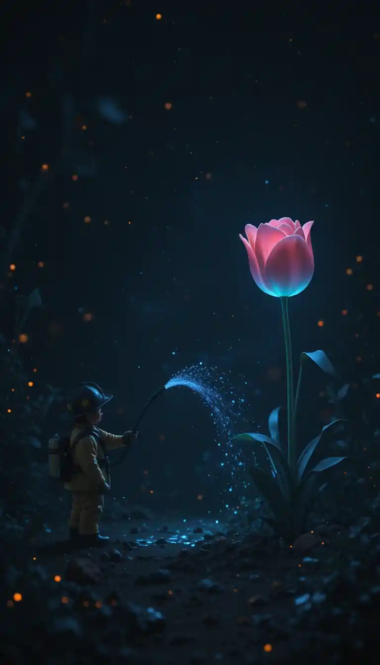 Petit pompier arrosant une tulipe sur fond noir minimaliste