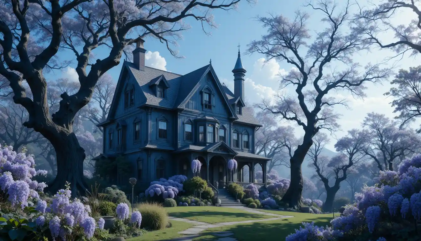 Casa azul mística sob glicínias em uma floresta ancestral