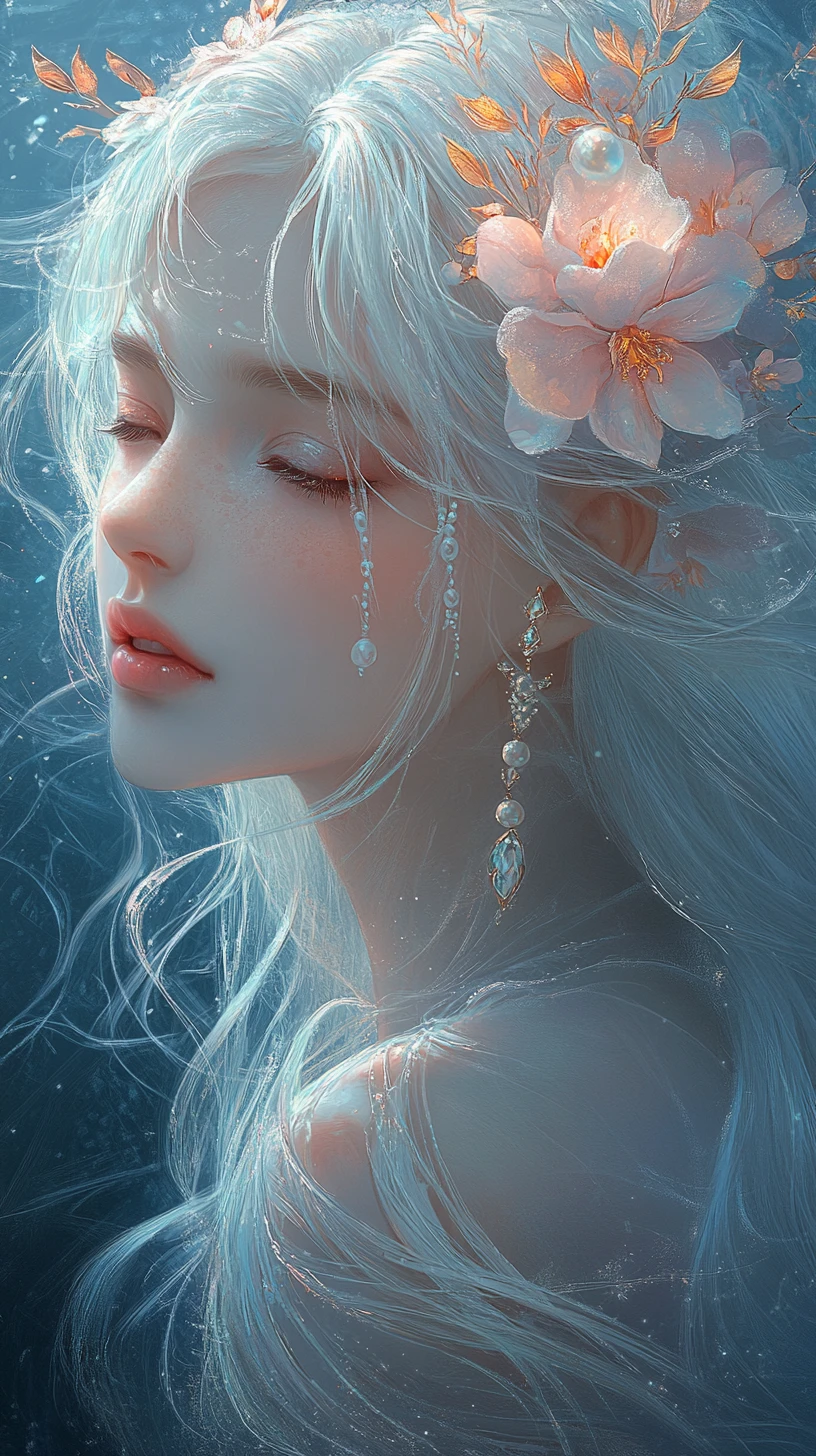 Silver haired fantasy girl with flowers and soft glow