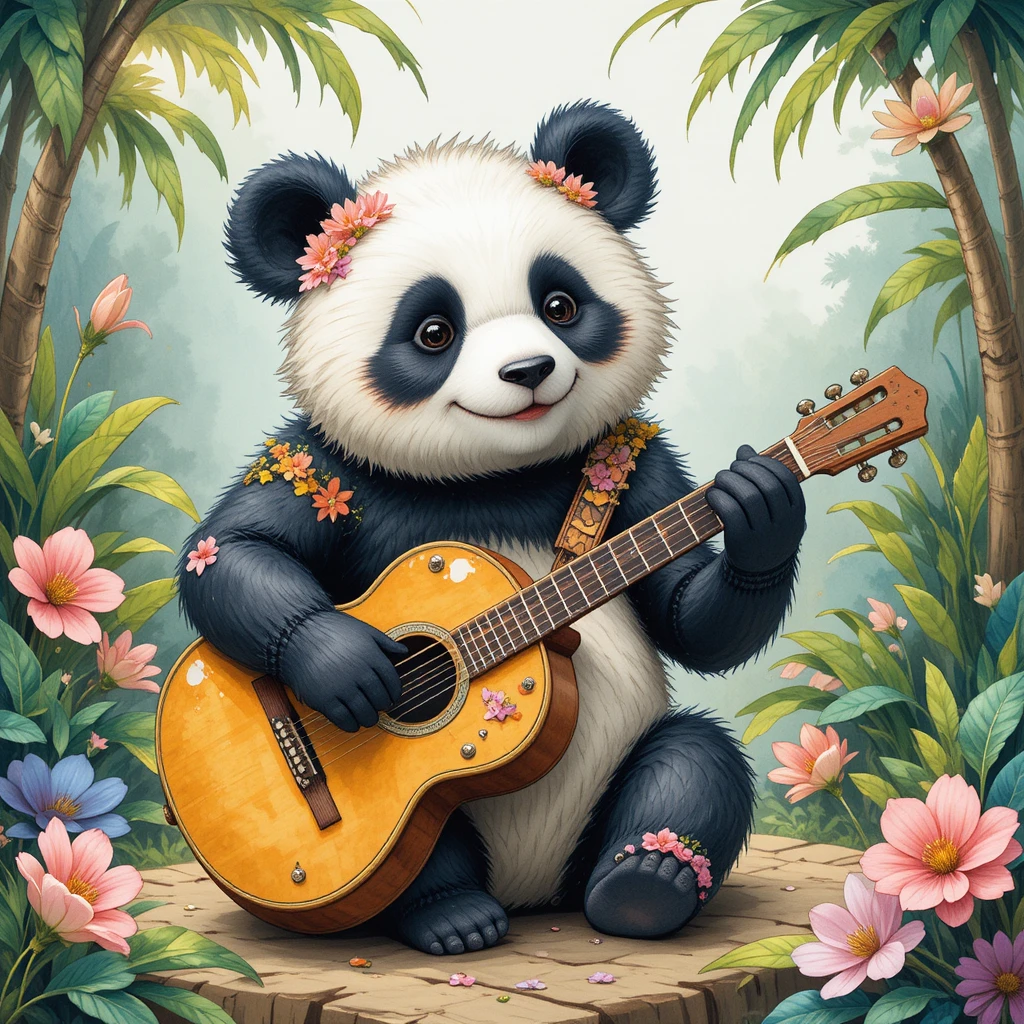Panda alegre tocando violão e trompete na floresta tropical