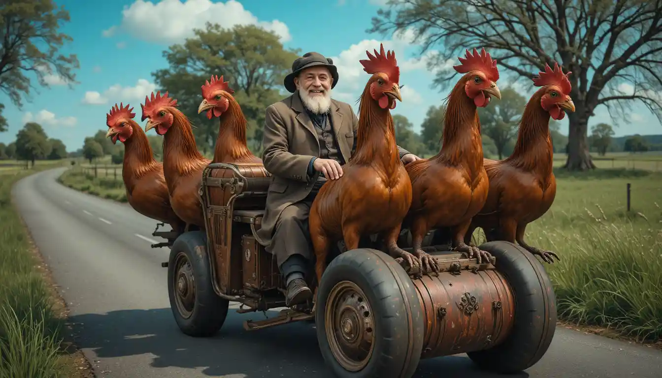 Senhor idoso em uma scooter puxada por seis galinhas marrons