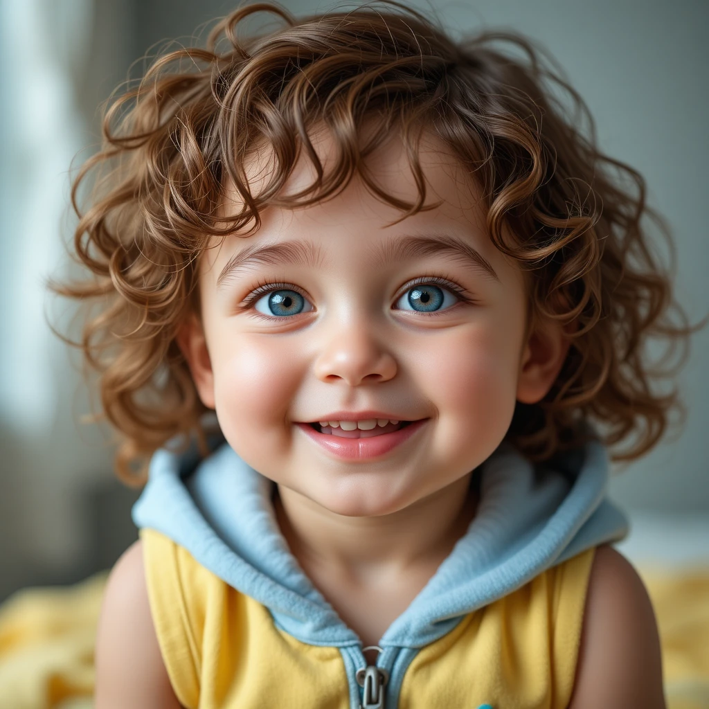 Bebê menino sorridente de olhos azuis com moletom azul-claro