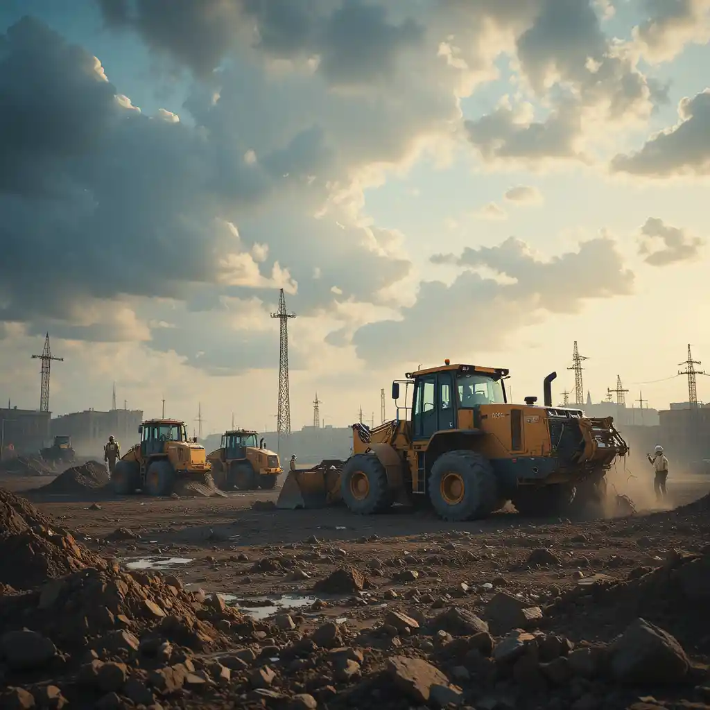 Planierraupen räumen eine innerstädtische Baustelle in der Dämmerung