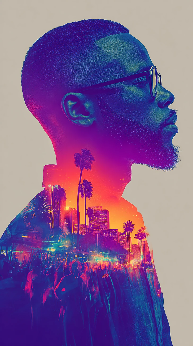 Double exposure portrait of man with nightclub scene