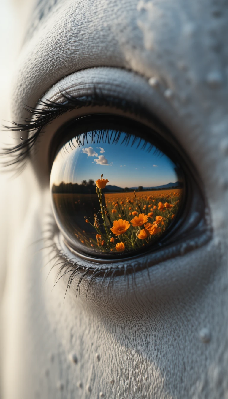 Gros plan extrême sur l’œil d’un cheval blanc avec reflet de fleurs