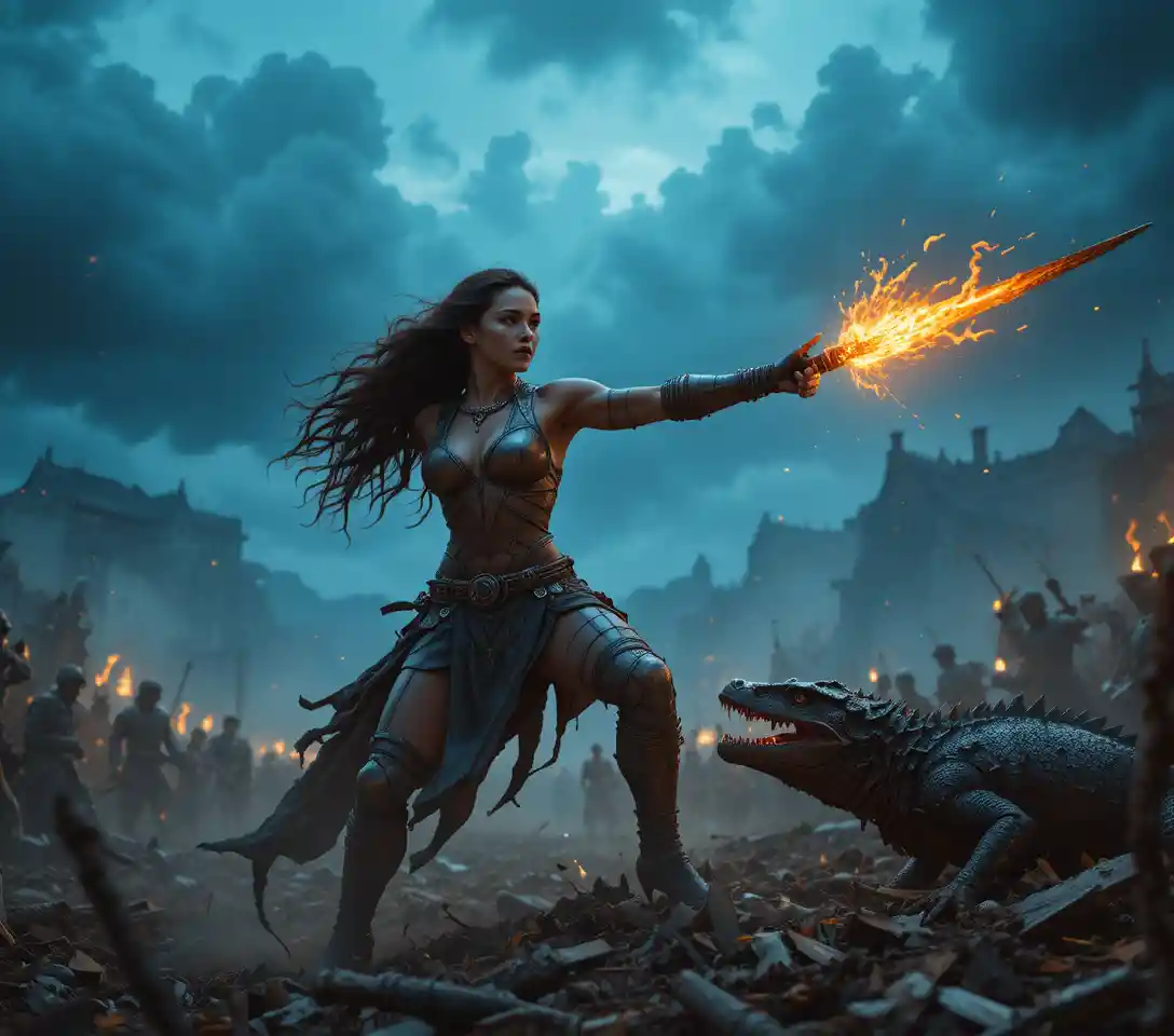 Fearless warrior woman riding a black fire dragon