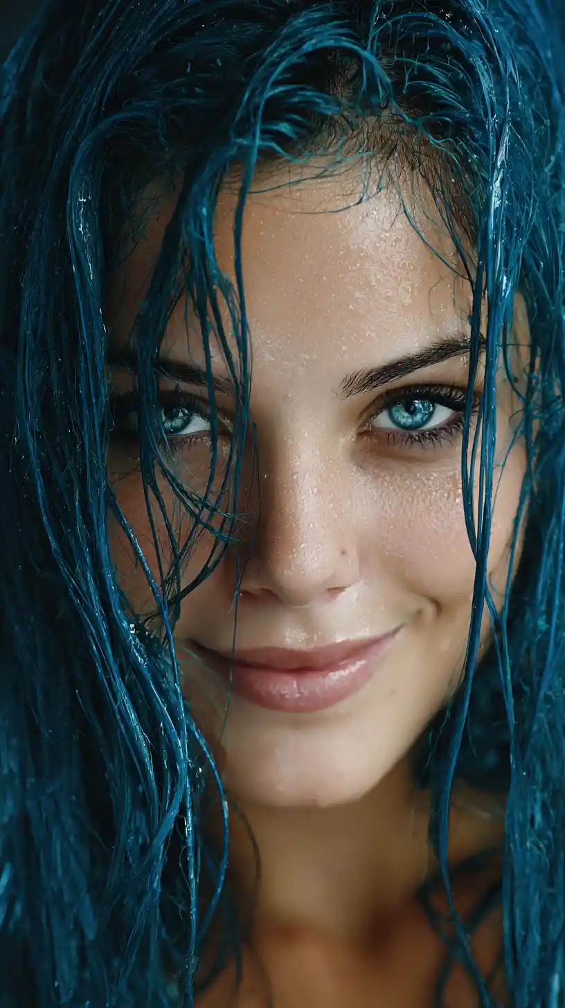 Donna giocosa con capelli blu bagnati e viso lucente