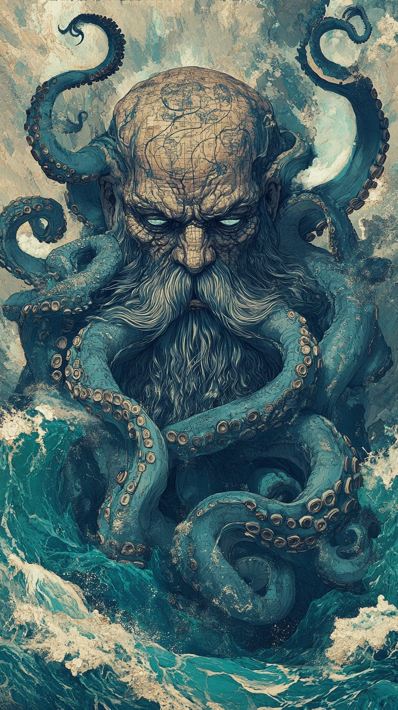 Ancient merman rising with swirling tentacles in stormy sea