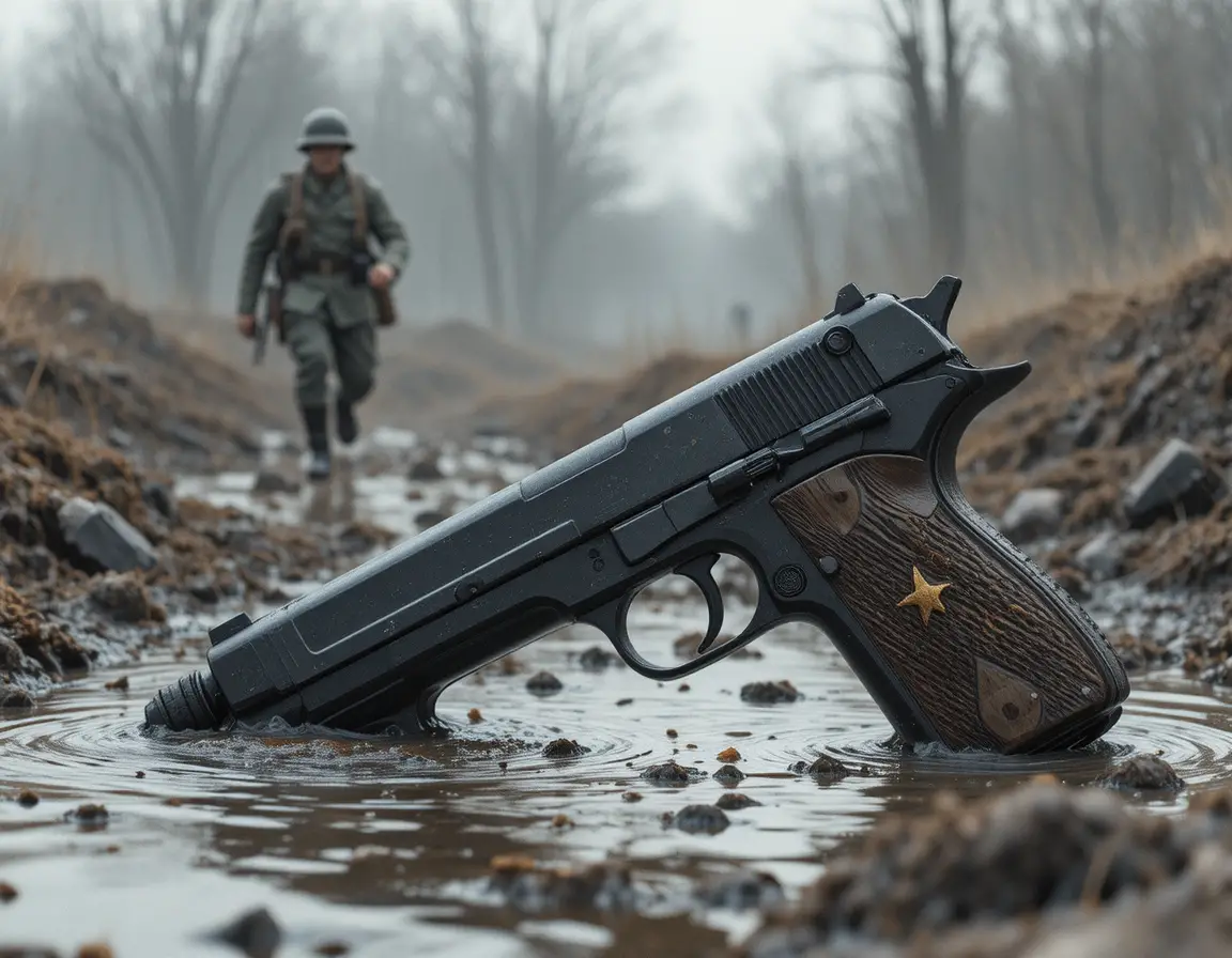 Close-up de pistola gasta em trincheira lamacenta de guerra