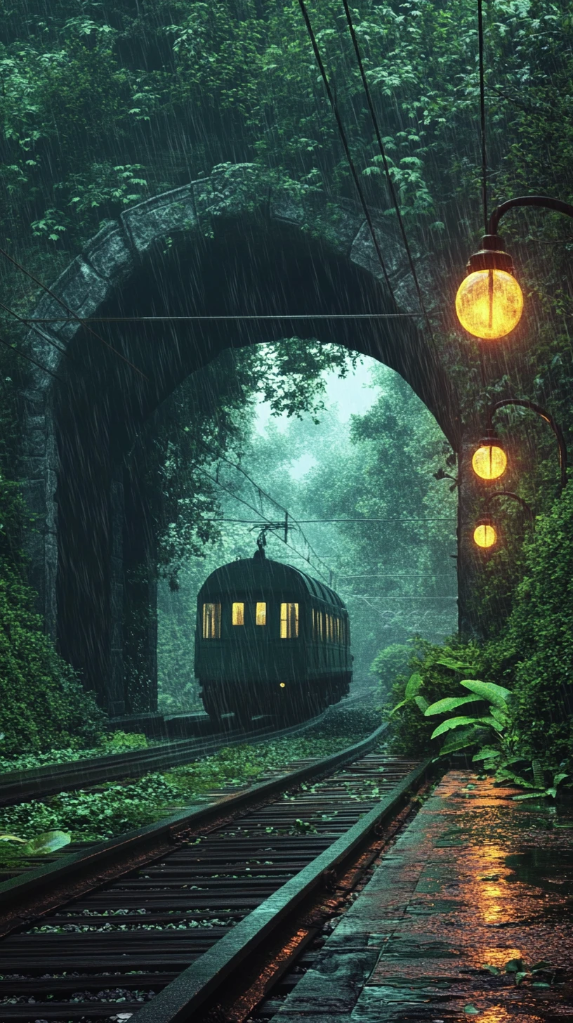 Vieux train sortant d’un tunnel forestier sous la pluie