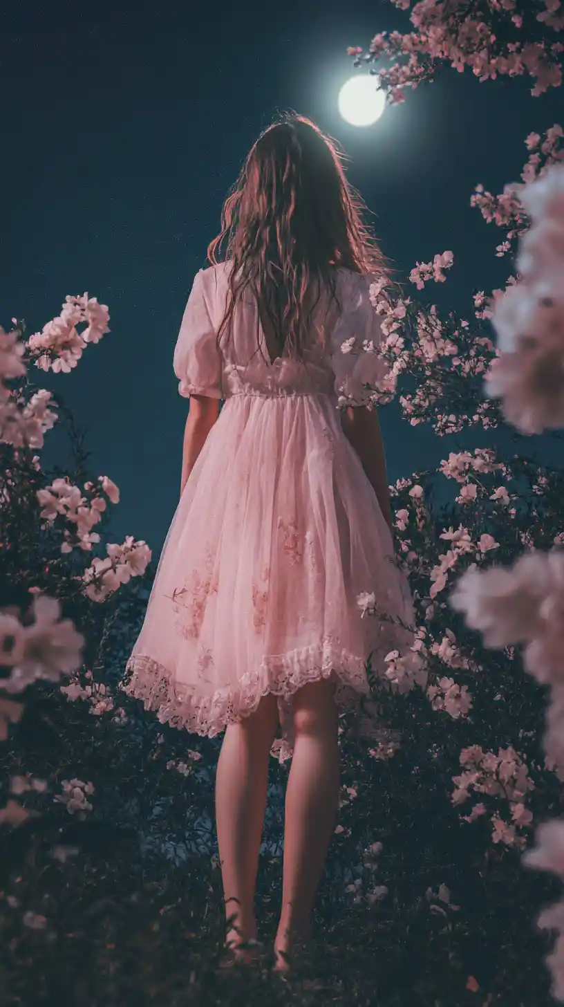 Girl under blooming cherry tree at night in pink glow