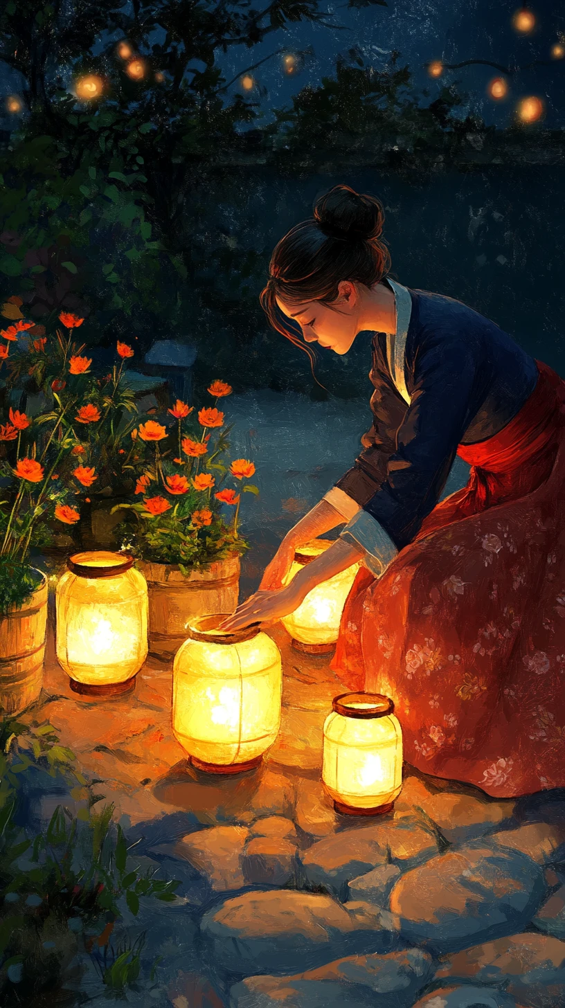 Woman in hanbok placing glowing lantern jars at night