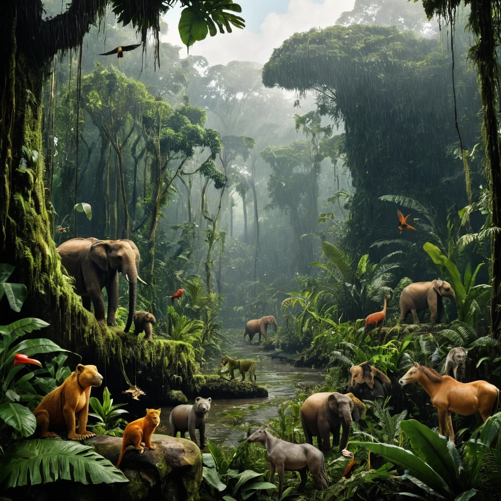 Rainforest animals in the Amazon under midday rain