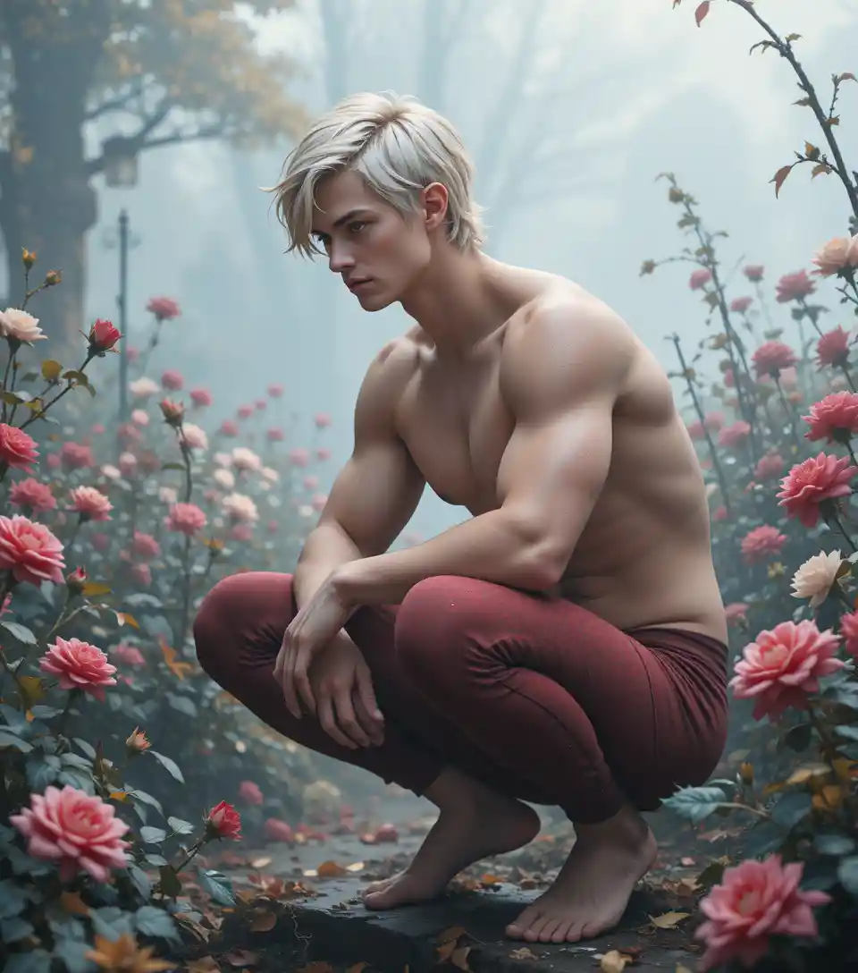 Blonder junger Mann, der in einem nebligen herbstlichen Rosengarten hockt