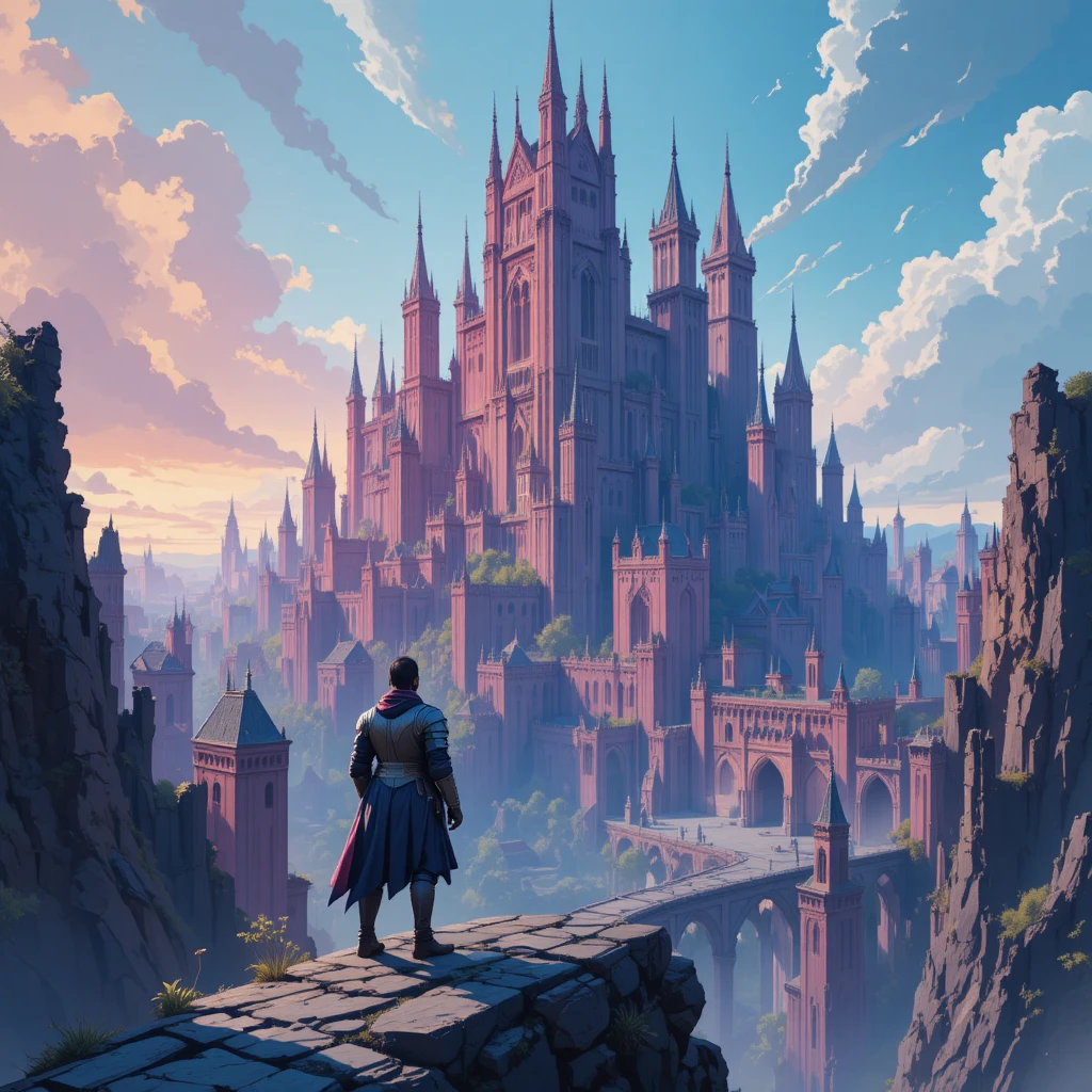 Lone armored knight overlooking pastel gothic cityscape