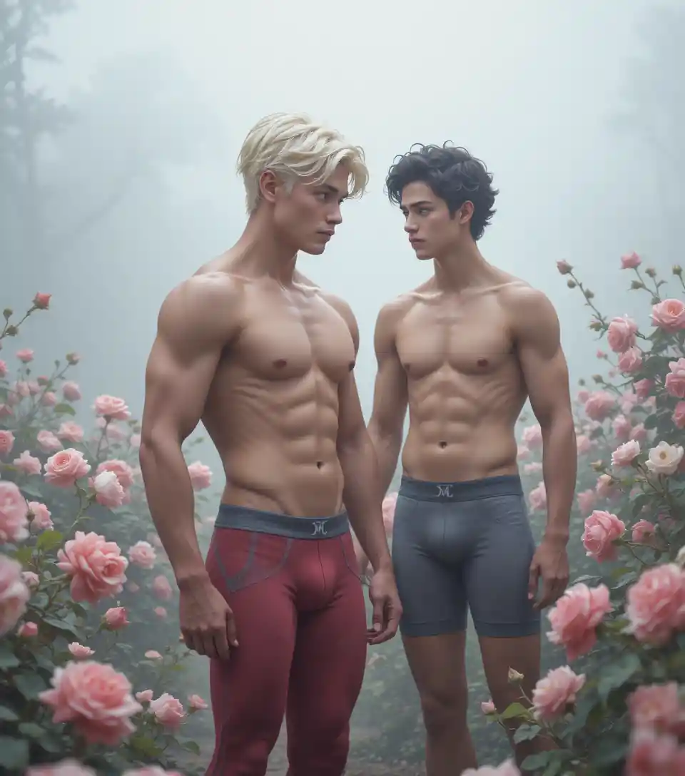 Two young muscular men together in a foggy garden