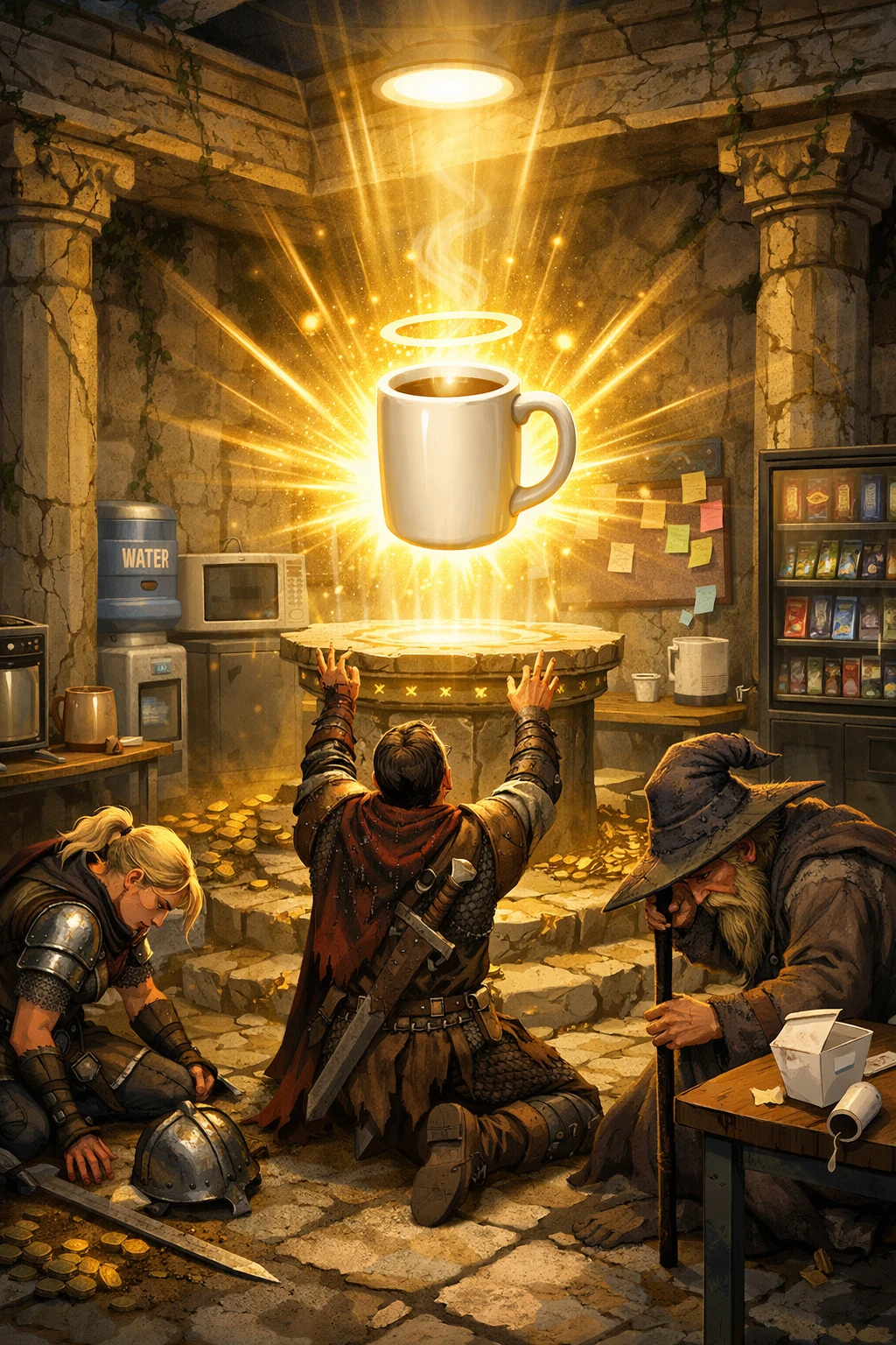Avventurieri d’ufficio fantasy adorano una tazza di caffè luminosa
