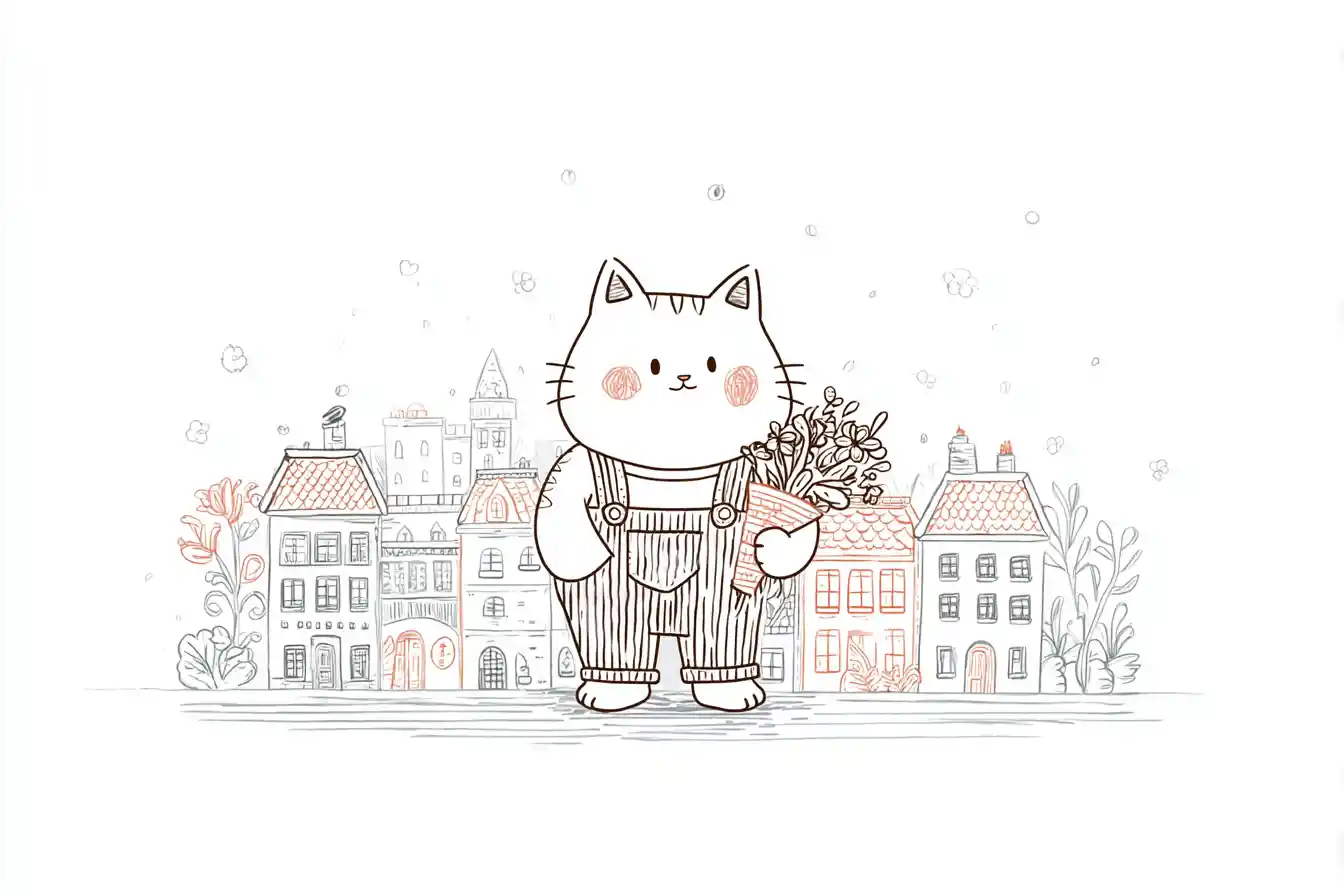 Flauschige Katze in Latzhose mit Blumen in einem pastellfarbenen Dorf