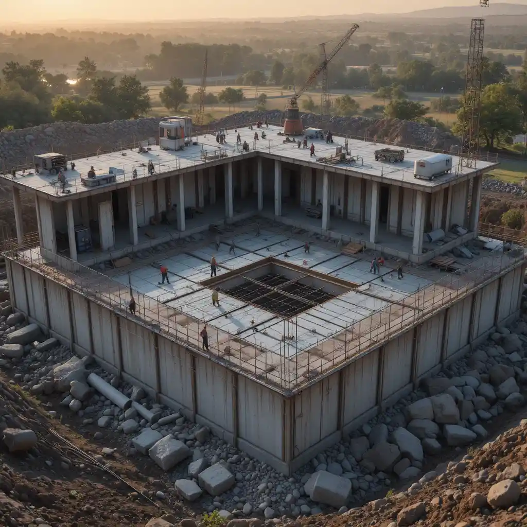 Workers pouring concrete for a large building foundation