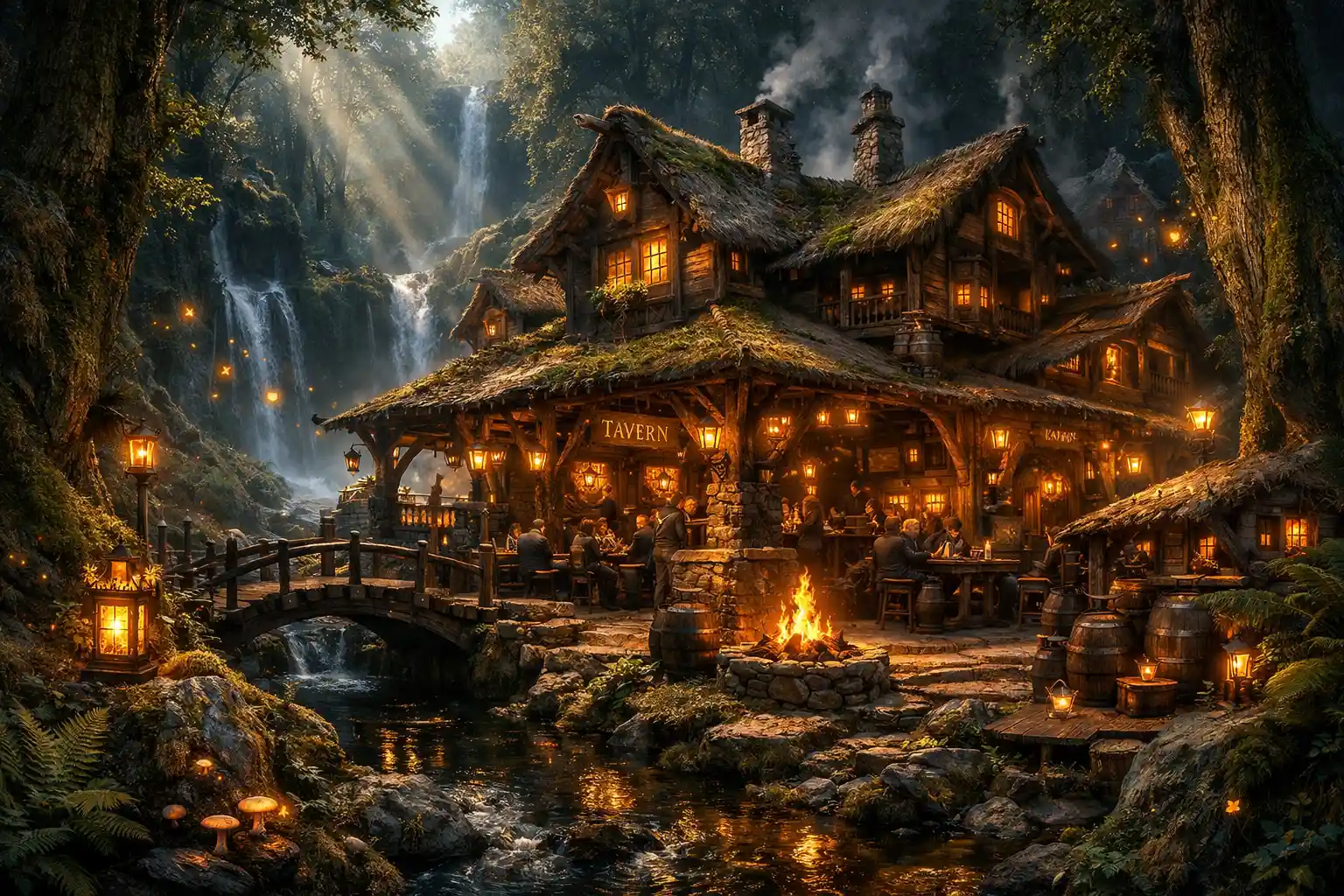 Taverna rustica surreale nascosta in una fitta foresta