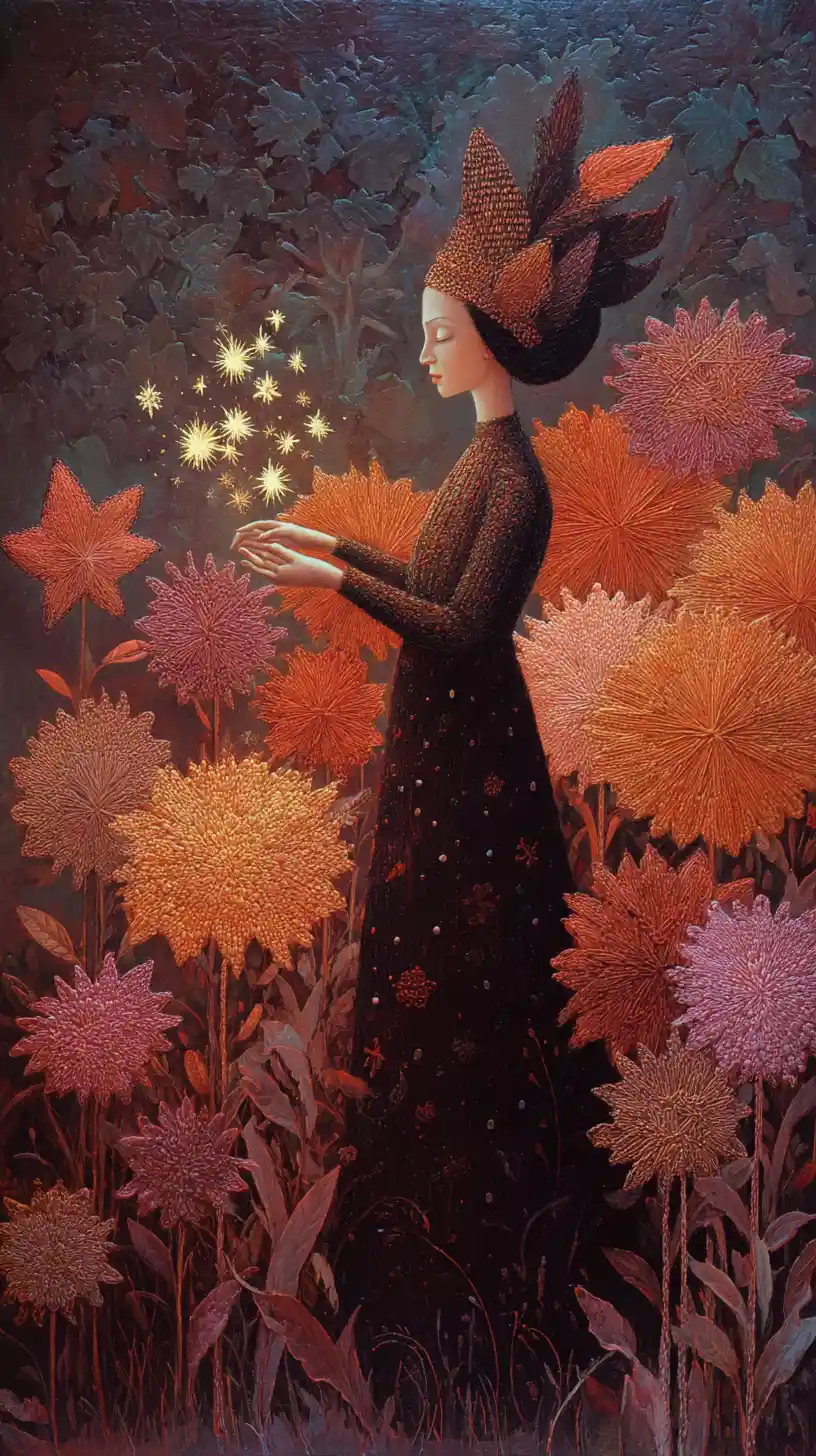 Mystical shaman woman collecting glowing stars in meadow